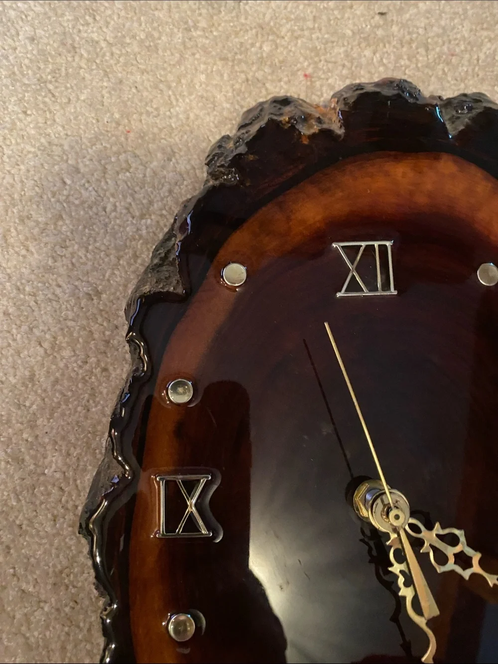 Handmade Lacquered Burl Wood Wall clock Woods forest cabin decor 13” Working